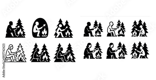 Silhouettes of people enjoying campfires and nature activities