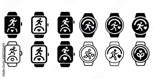 Set of fitness watch icons featuring running and heart symbols in black and white