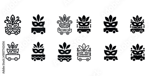 Black and white carnival mask plant icon set on wheels