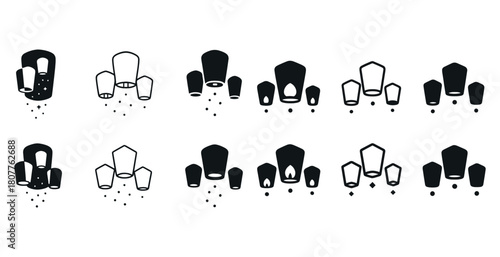 Set of floating paper lantern icons in black and white