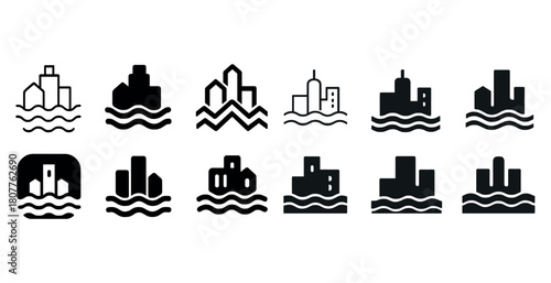 Monochrome city and water icon set: 12 urban silhouettes