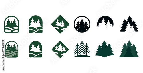 Set of green tree logos with various geometric designs and styles
