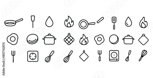 Minimalist cooking icons set: frying pan, spatula, fire, egg, whisk, pot, stove