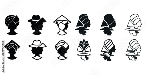 Silhouettes of diverse cultural headwear and hairstyles