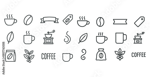 Minimal coffee icons set - cups, beans, leaves, grinder, labels, collectible graphics