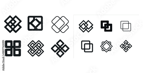 Geometric abstract symbols collection with interlocking shapes and patterns