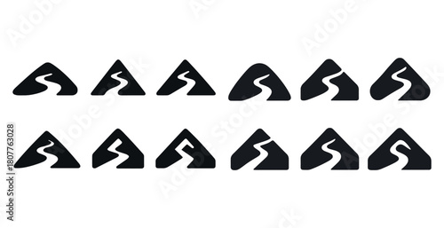 Set of twelve black mountain icons with river paths