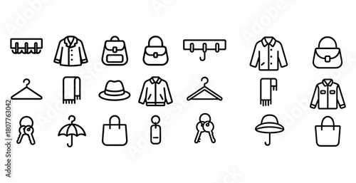 Minimalist fashion icons: coats, bags, hats, keys, hangers, scarves, umbrellas