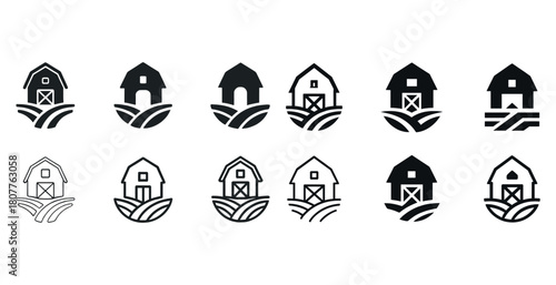 Black and white barn icons collection with field and farm elements
