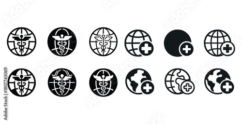 Set of medical and global health icons in black and white