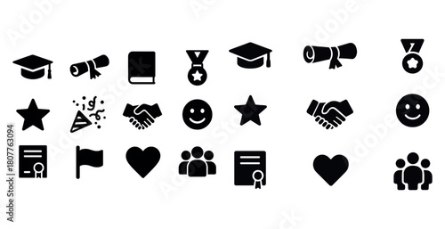 Education and achievement icons: graduation, diploma, medal, heart, and smiley faces