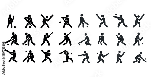 Silhouette icons of diverse cricket player actions in various poses