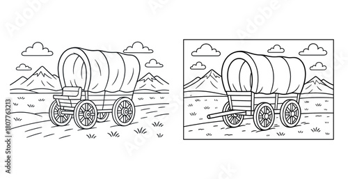 Line art of covered wagon in mountain landscape with clouds and tracks