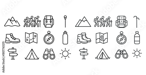 Outdoor adventure icons collection featuring hiking, camping, and navigation symbols