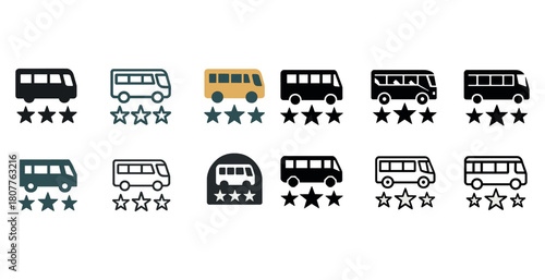 Bus rating icons collection: various colors and styles with stars