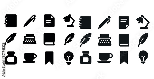 Set of office and writing icons: lamp, typewriter, pen, notebook, feather, bookmark