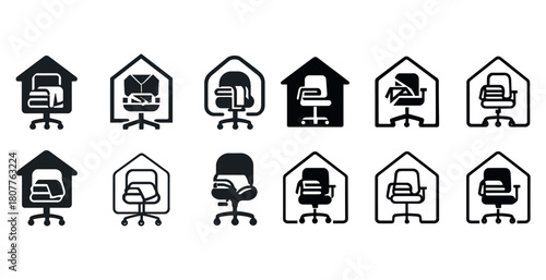 Office chair icon set inside house outline: home workspace symbols