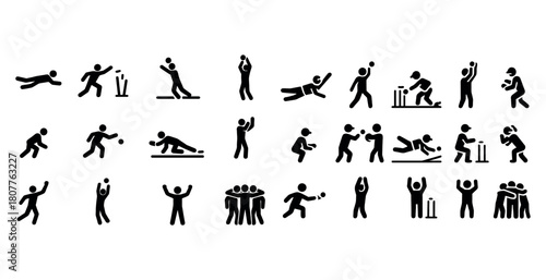 Silhouette icons of cricket actions: batting, bowling, fielding, celebrations