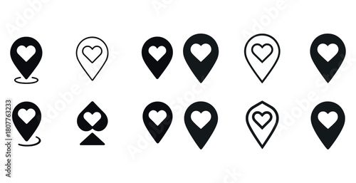 Vector icons of heart-shaped location pins in various styles