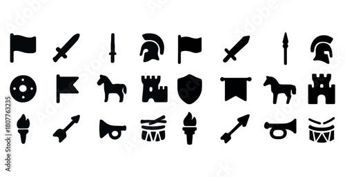 Silhouette icons of ancient warfare: swords, shields, helmets, and more