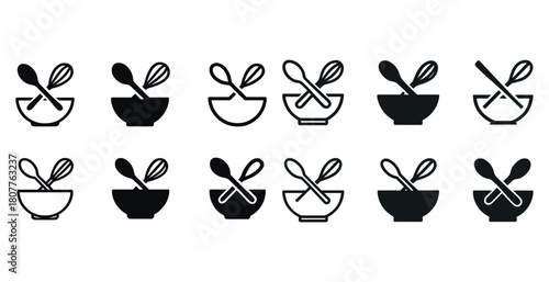 Black and white kitchen utensil icons: whisks and spoons in mixing bowls
