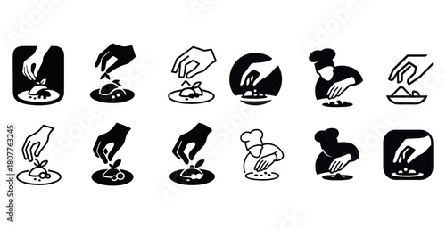 Culinary icons: hand garnishing food in black and white silhouettes