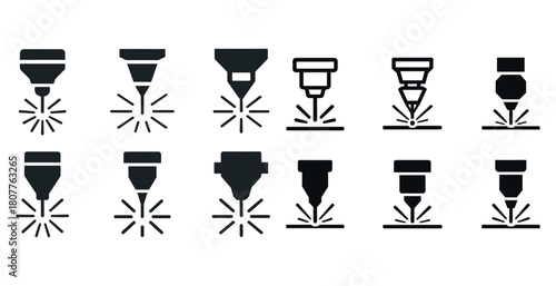 Laser cutting machine icon set: diverse designs and styles