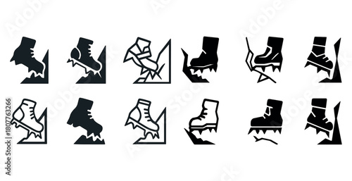 Icon set of hiking boots with crampons on mountain terrain