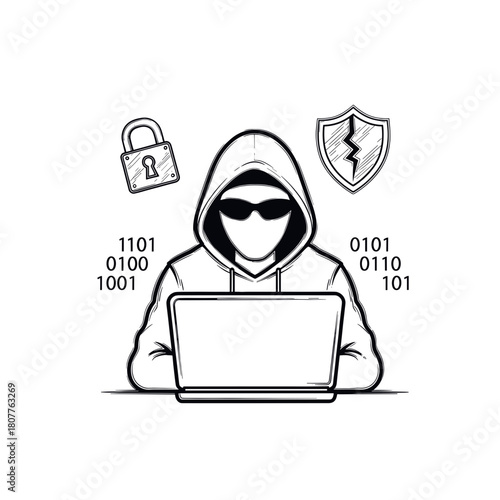 Anonymous hooded figure at a laptop symbolizing hacking, cybersecurity risks, and digital threats. Line art vector illustration, isolated on a transparent background
