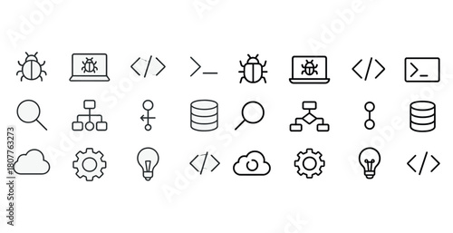 Tech icons for coding and development: bugs, code, databases, clouds, and more