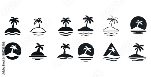 Palm tree island icons set: tropical beach symbol collection in black and white