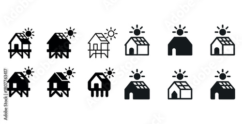 Twelve solar panel barn icons with sun in various styles and shades