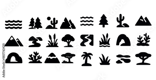 Collection of natural landscape icons: trees, mountains, cacti, waves, and more