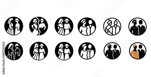 Diverse group of stylized human silhouettes in circular icons