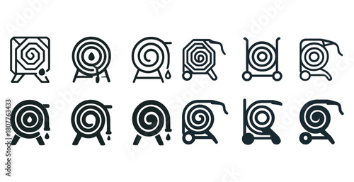 Set of fire hose reel icons in various designs and styles