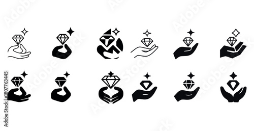 Collection of hand-drawn icons: diamonds, stars, hands in minimalist style