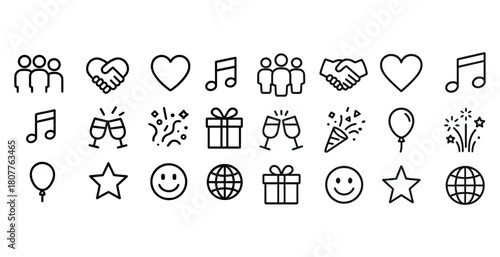 Celebration icons: music, party, gifts, and friendship symbols in black outline