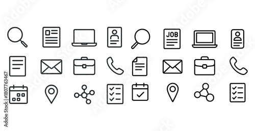 Collection of office-related icons including laptop, briefcase, calendar, job application, and phone