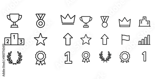 Award, trophy, and achievement icon set in black and white with medals and laurel wreaths
