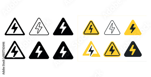 Electrical safety warning symbols collection in black, white, yellow