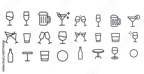 Minimalist drink icon set featuring wine, beer, and cocktails