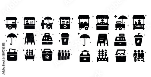 Collection of market and food stall icons featuring coffee, produce, and umbrellas