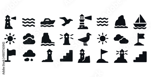 Nautical icons set with lighthouses, ships, and ocean elements