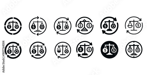 Set of black and white balance scale and currency icons