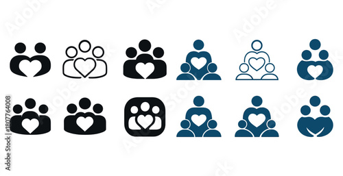 Heart-centric family icons in black and blue reflecting love and unity