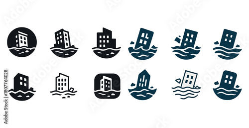 Building flood icon collection: various designs of submerged structures