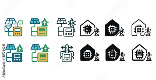 Smart energy system icons featuring solar panels and circuit chips