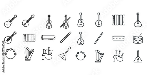 Collection of musical instrument icons including guitar violin harp and drum