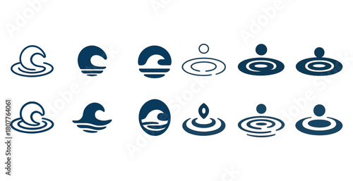 Abstract wave and circular water drop icons in various minimalist styles