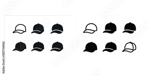 Collection of black baseball cap silhouettes with front and side views